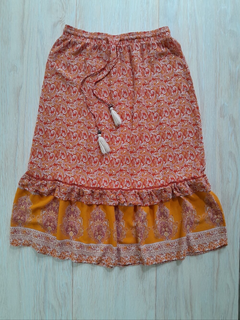 Cynthia Rowley Boho Paislay Maxi Skirt Orange Tassel Tie - Picture 3 of 15